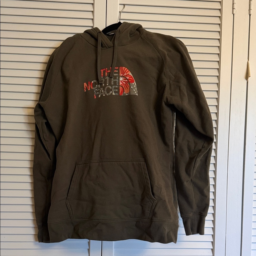 The North Face Olive Green Hoodie with flower logo